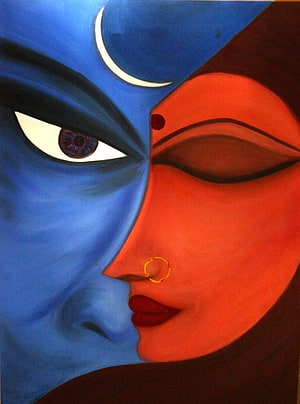 Shiva and Shakti Abstract Art Painting with Blue and Red Faces HD phone wallpaper