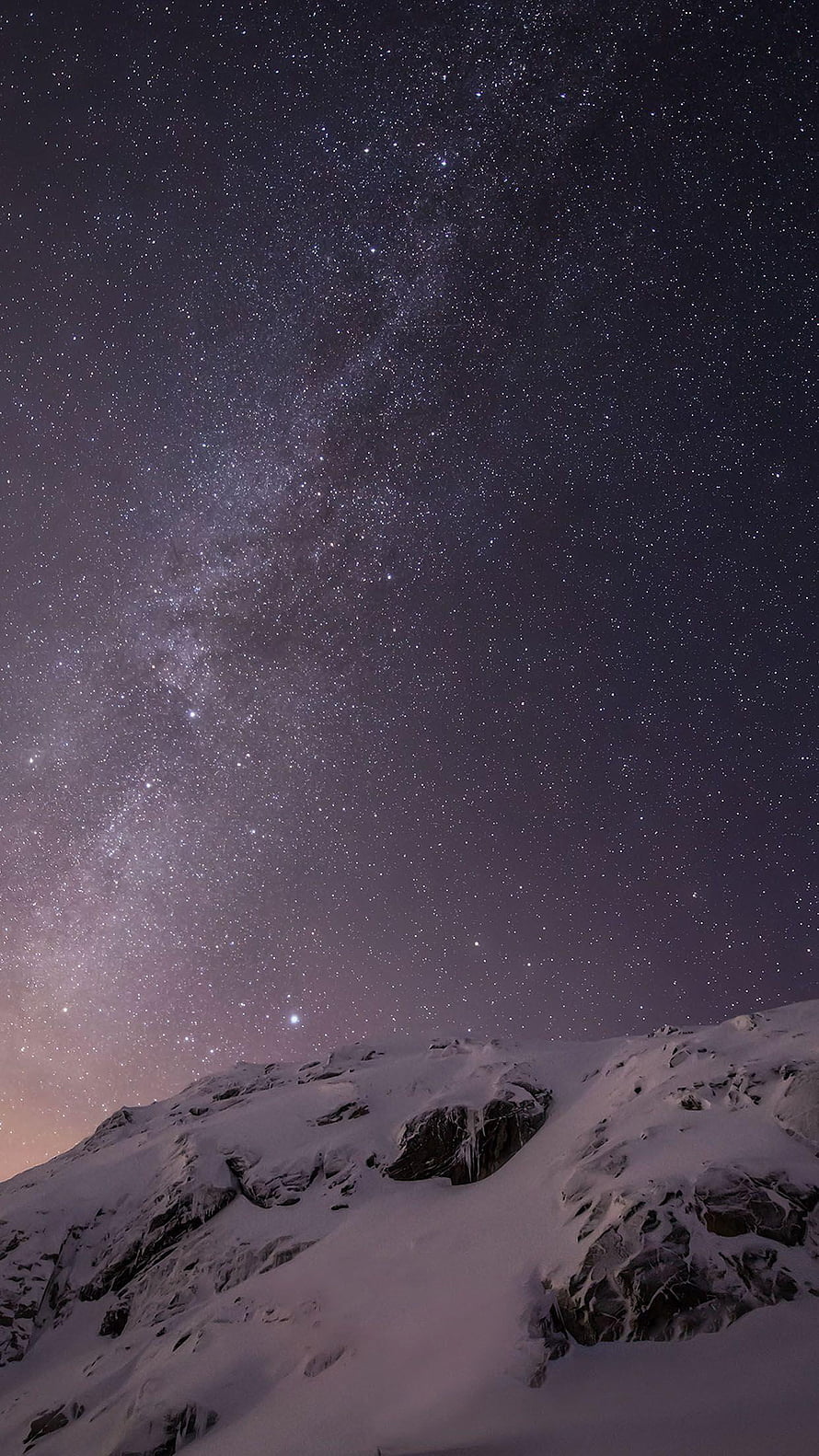 Milky Way Galaxy Arching Over Snow-Capped Mountain Ridge at Night HD phone wallpaper