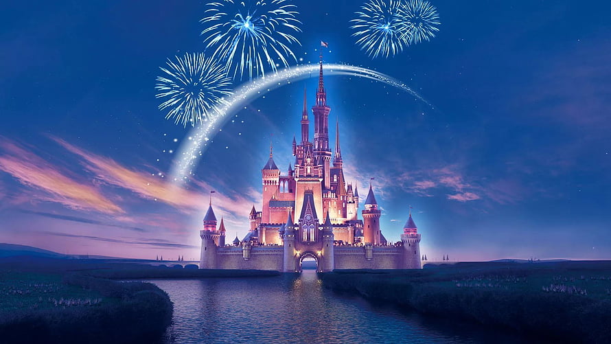 Disney Castle Fireworks Night Sky with Sparkling Arc and Twilight Reflections HD wallpaper
