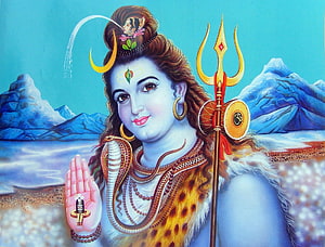 Bhole Nath Shiva Portrait With Trishul, Snake, and Himalayan Snow Peaks HD wallpaper
