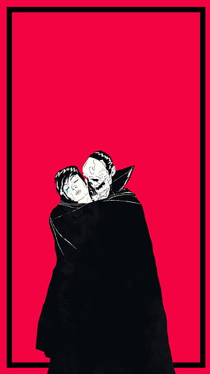 Queens of the Stone Age Villains Album Artwork with Two Figures in Black Cloak on Red Background HD phone wallpaper