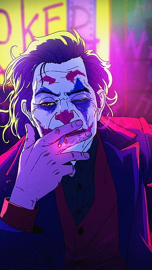 Joker in Neon Purple and Pink Anime Style Smoking a Cigarette HD phone wallpaper