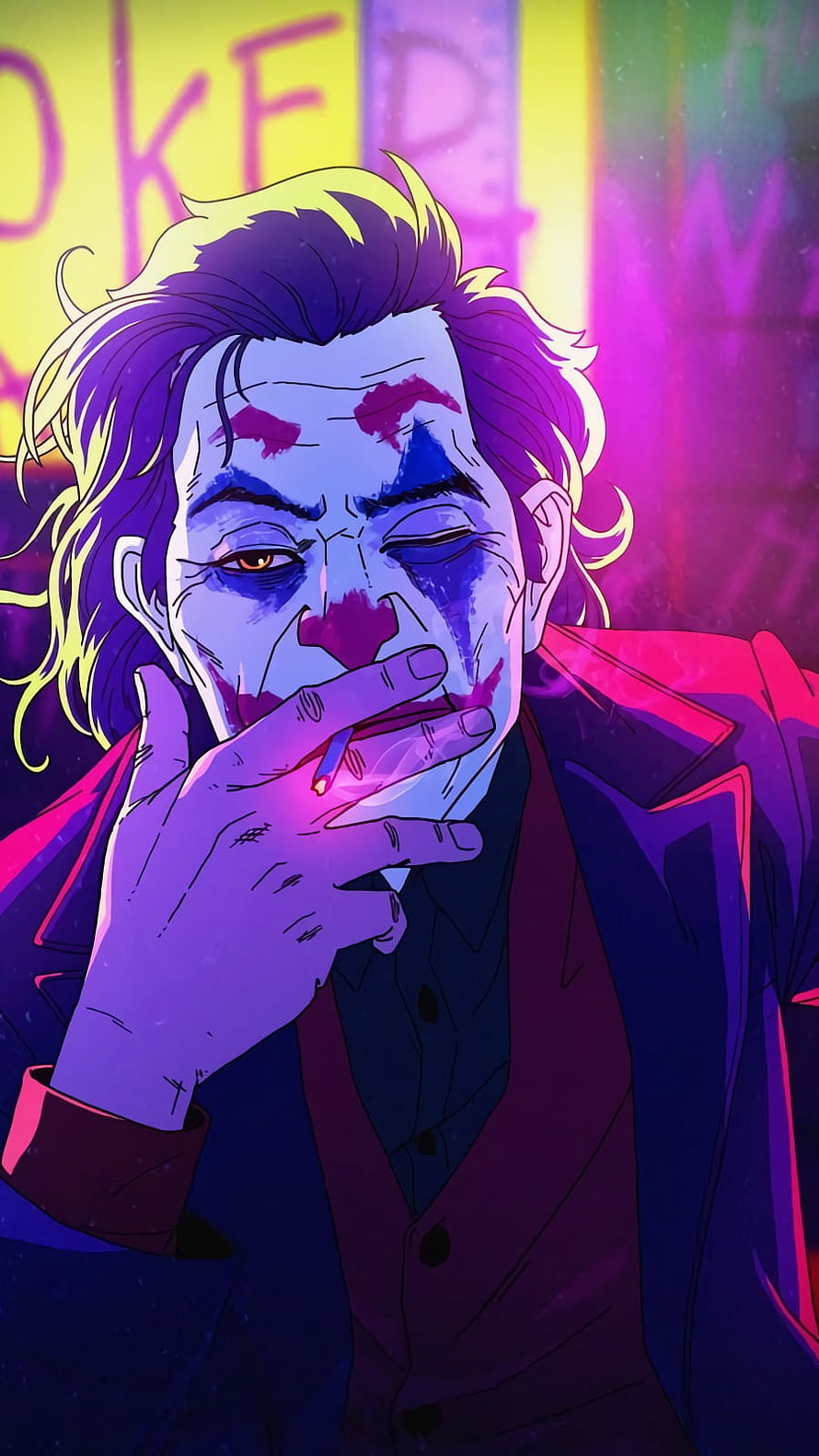Joker in Neon Purple and Pink Anime Style Smoking a Cigarette HD phone wallpaper