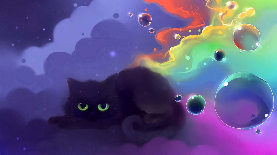 Dreamy Black Cat with Glowing Green Eyes Resting Among Cosmic Clouds and Iridescent Bubbles HD wallpaper
