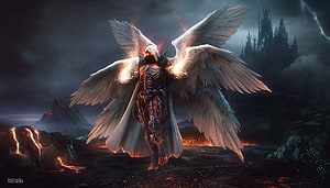 Archangel Michael with glowing wings and armor in a dark fantasy landscape HD wallpaper