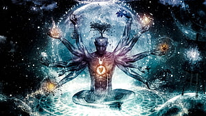 Multi-armed spiritual figure with glowing chakra and cosmic tree of life in visionary digital art HD wallpaper