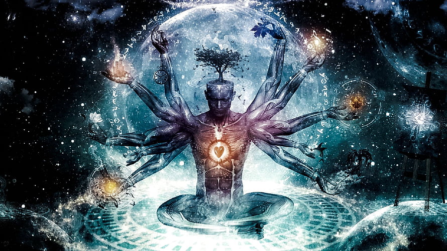Multi-armed spiritual figure with glowing chakra and cosmic tree of life in visionary digital art HD wallpaper