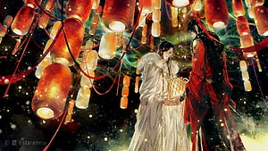 Heaven Official's Blessing Hua Cheng and Xie Lian Under Glowing Lanterns HD wallpaper