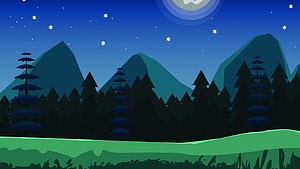 Stylized Night Landscape with Pine Forest, Moonlit Peaks, and Starry Sky HD wallpaper