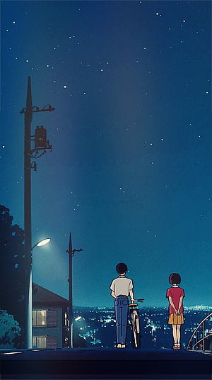 Two Anime Characters Gazing at a Starry Night Sky Over a City from a Hilltop HD phone wallpaper