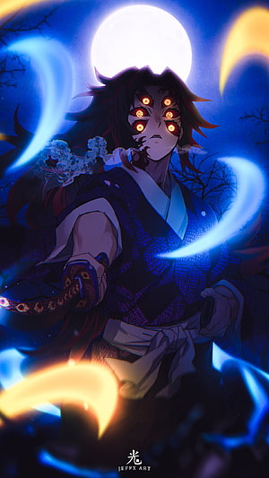 Kibutsuji from Demon Slayer in a dark night scene with glowing red eyes and blue energy HD phone wallpaper