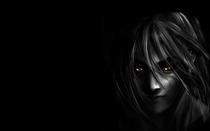 Dark Anime Portrait with Glowing Amber Eyes in Black and White Digital Art HD wallpaper