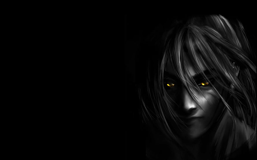 Dark Anime Portrait with Glowing Amber Eyes in Black and White Digital Art HD wallpaper