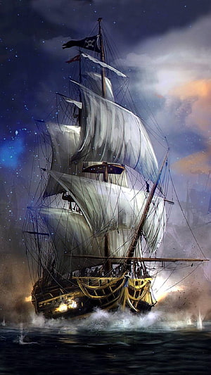 Dramatic Old Sailing Ship with Pirate Flag Cutting Through Stormy Night Waters HD phone wallpaper