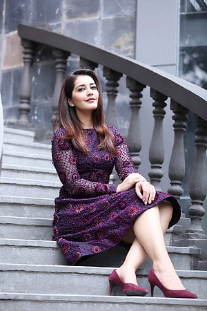 Raashi Khanna in Purple Embroidered Dress Sitting on Stone Staircase HD phone wallpaper