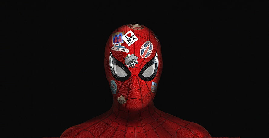 Spider-Man Far From Home Travel Sticker Suit Portrait on Black Background HD wallpaper