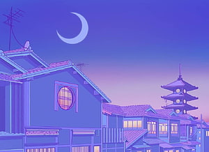 Sailor Moon Japanese Townscape at Dusk with Crescent Moon and Pagoda HD wallpaper