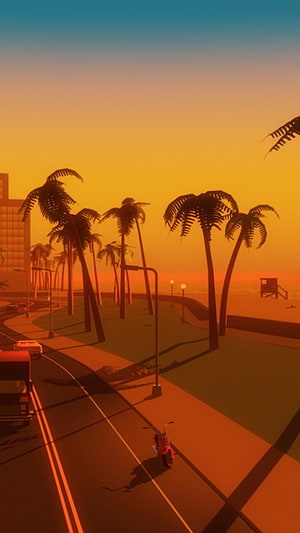 GTA Vice City Retro Coastal Highway at Golden Hour with Palm Trees and Vintage Cars HD phone wallpaper