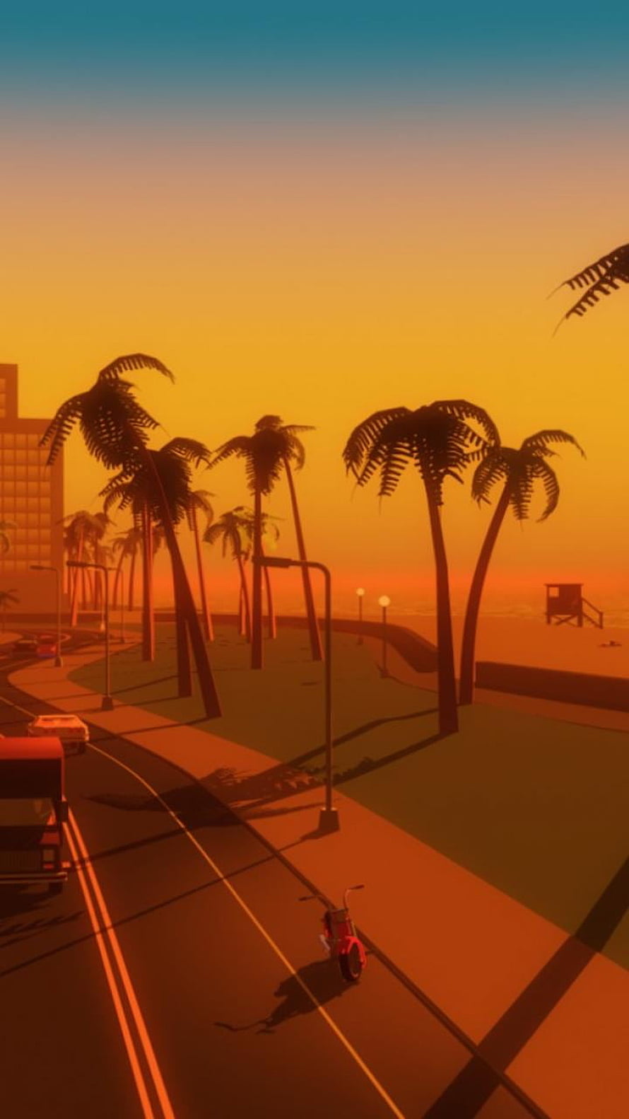 GTA Vice City Retro Coastal Highway at Golden Hour with Palm Trees and Vintage Cars HD phone wallpaper