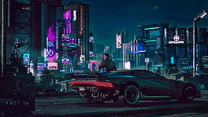 Cyberpunk 2077 Night City Street Scene with Futuristic Sports Car and Neon Skyline HD wallpaper