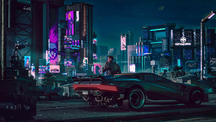 Cyberpunk 2077 Night City Street Scene with Futuristic Sports Car and Neon Skyline HD wallpaper