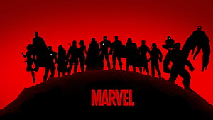 Marvel Cinematic Universe Heroes Silhouette Lineup on Red Background HD wallpaper