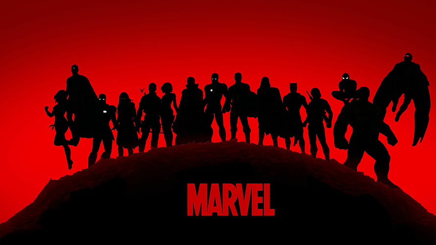 Marvel Cinematic Universe Heroes Silhouette Lineup on Red Background HD wallpaper