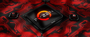 AMD Ryzen 5 Processor on Red Circuit Board with Glowing Traces and Hardware Components HD wallpaper