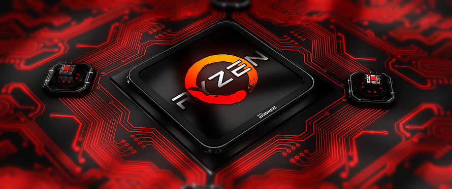 AMD Ryzen 5 Processor on Red Circuit Board with Glowing Traces and Hardware Components HD wallpaper