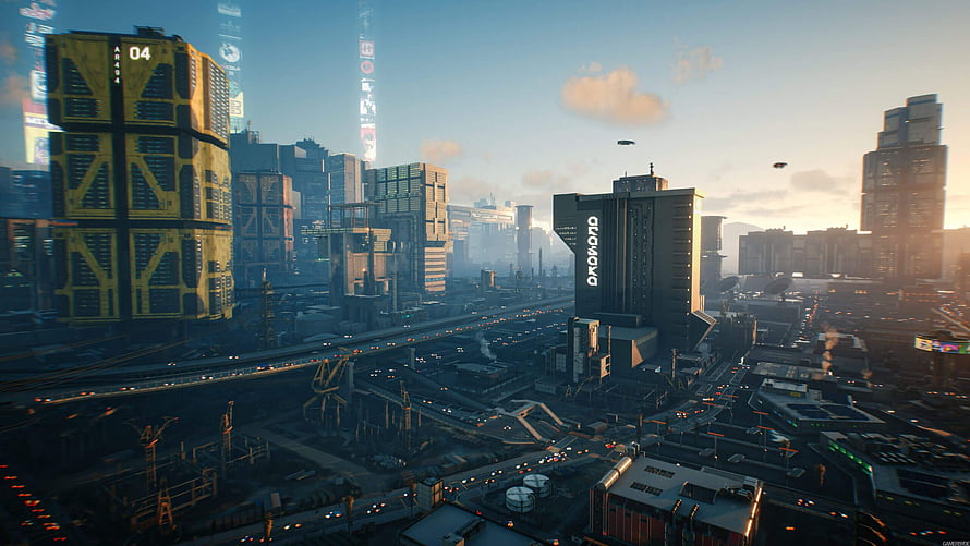 Cyberpunk 2077 Night City skyline at dusk with towering skyscrapers and elevated highways HD wallpaper
