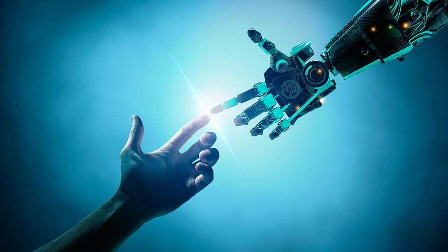 Human and Robotic Hand Reaching Toward Each Other in Futuristic Blue Light HD wallpaper