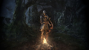Dark Souls Knight Standing by Bonfire in Dark Ruined Forest HD wallpaper