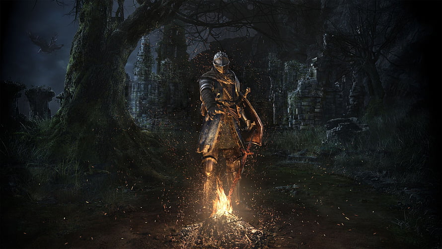 Dark Souls Knight Standing by Bonfire in Dark Ruined Forest HD wallpaper