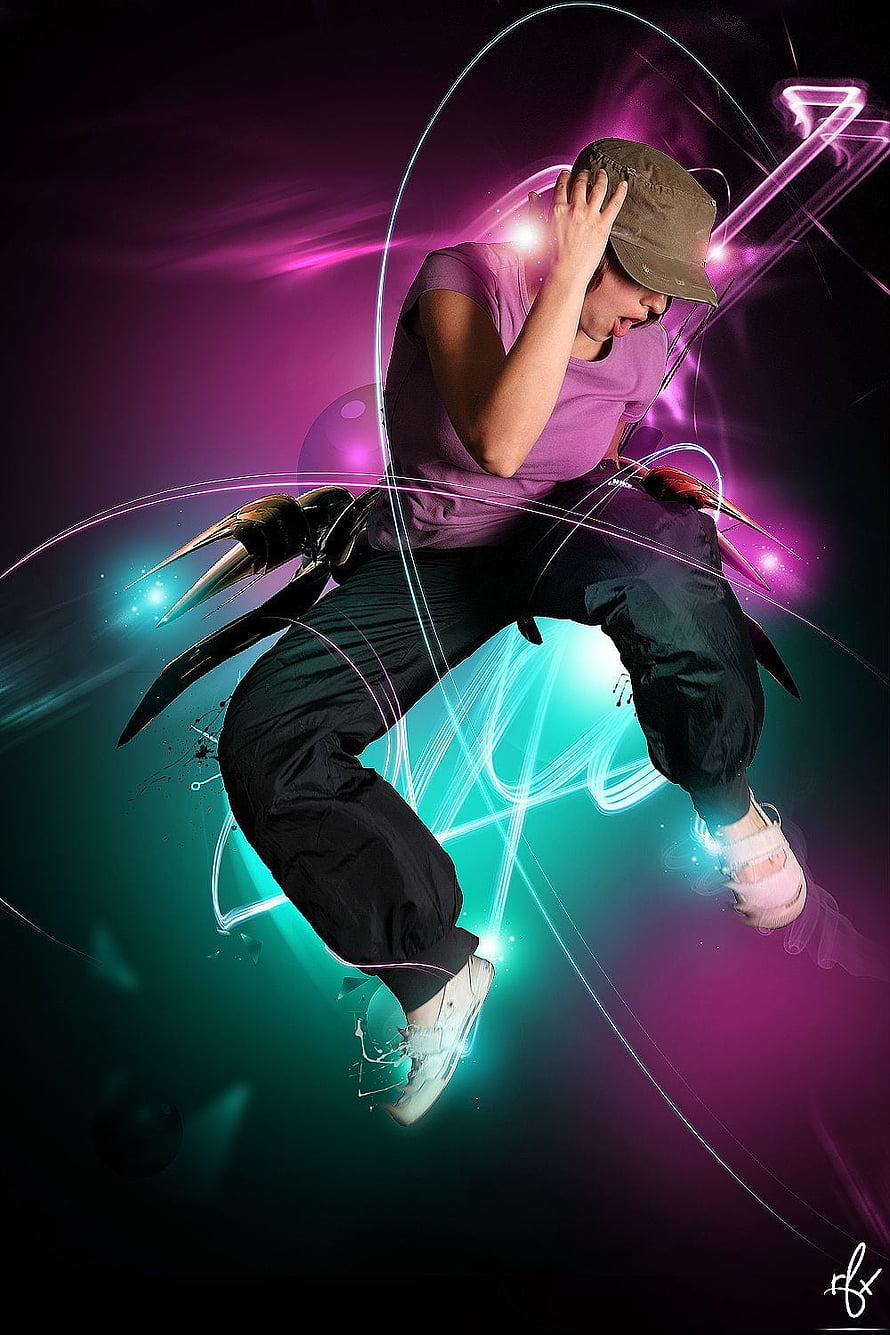 Dynamic Hip Hop Dancer in Mid-Air with Neon Light Trails and Purple Background HD phone wallpaper