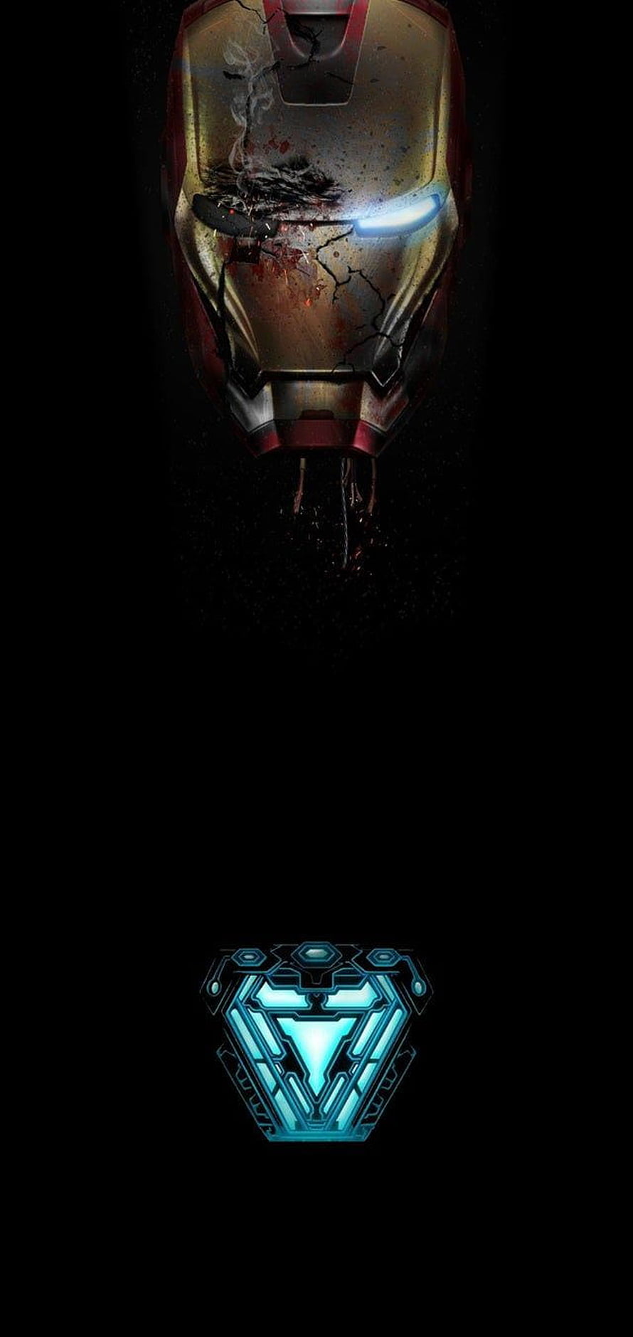 Damaged Iron Man Helmet with Glowing Arc Reactor on Black Background HD phone wallpaper