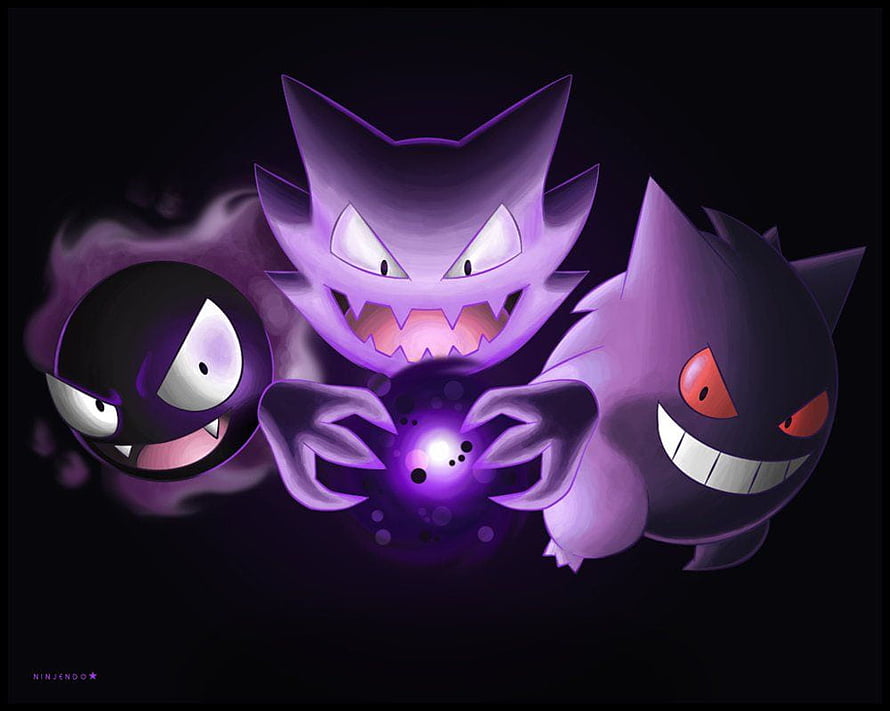 Gengar, Haunter, and Gastly Pokemon Ghost Type Evolution Lineup on Dark Background HD wallpaper