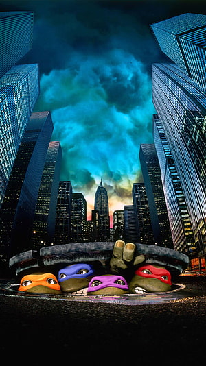 Teenage Mutant Ninja Turtles Peeking From Manhole In Dramatic City Skyline HD phone wallpaper