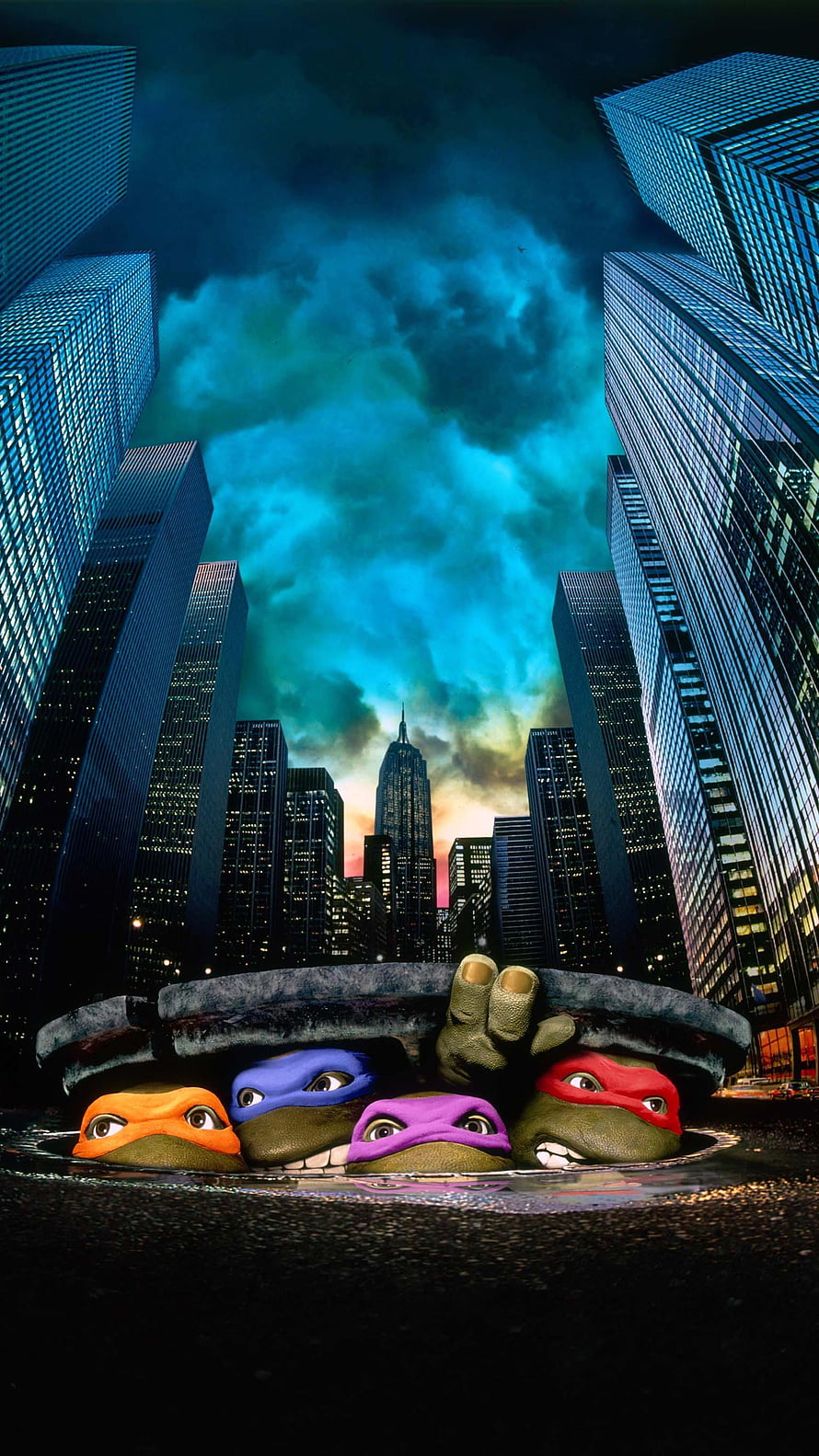 Teenage Mutant Ninja Turtles Peeking From Manhole In Dramatic City Skyline HD phone wallpaper