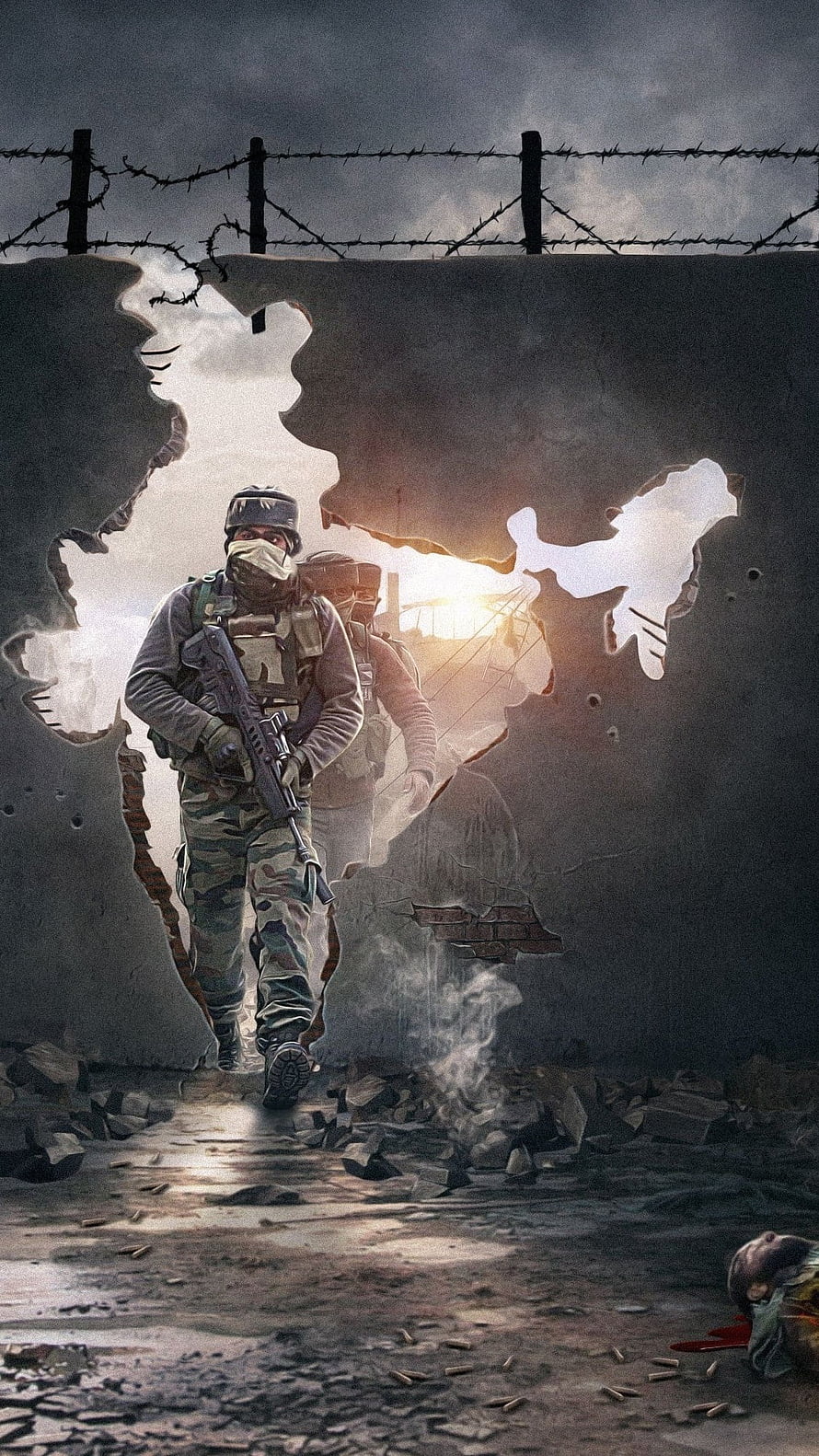 Indian Army Soldier Emerging Through War-Torn Concrete Wall in Dramatic Digital Art HD phone wallpaper