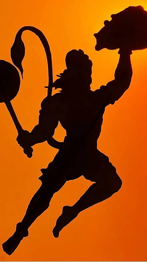 Hanuman Silhouette Wielding Mace and Gada Against Fiery Orange Sky, Hanuman, Black Shadow Hanuman, Lord Bajrangbali HD phone wallpaper