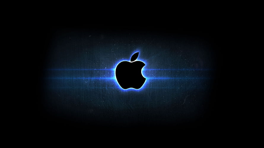 Glowing Apple Logo on Dark Brushed Metal Background with Blue Light Flare HD wallpaper