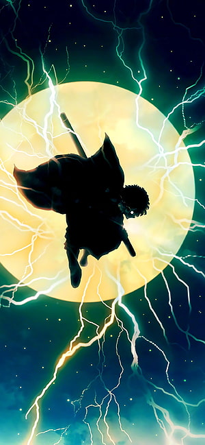 Zenitsu Agatsuma Silhouette in Lightning Storm Against a Glowing Moon HD phone wallpaper