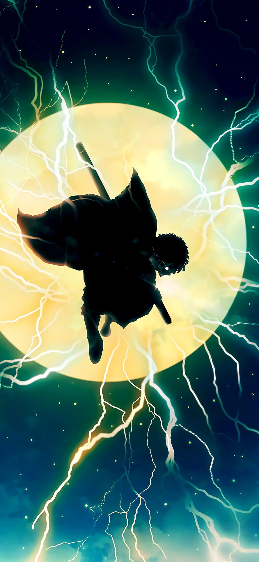 Zenitsu Agatsuma Silhouette in Lightning Storm Against a Glowing Moon HD phone wallpaper