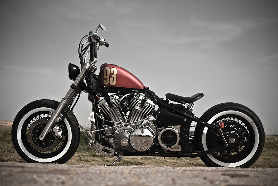 Custom Bobber Motorcycle With Red Fuel Tank And White Wall Tires HD wallpaper
