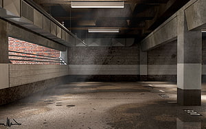 Moody Empty Underground Parking Garage with Concrete Pillars and Brick Wall HD wallpaper
