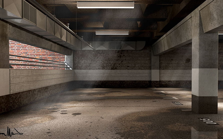 Moody Empty Underground Parking Garage with Concrete Pillars and Brick Wall HD wallpaper