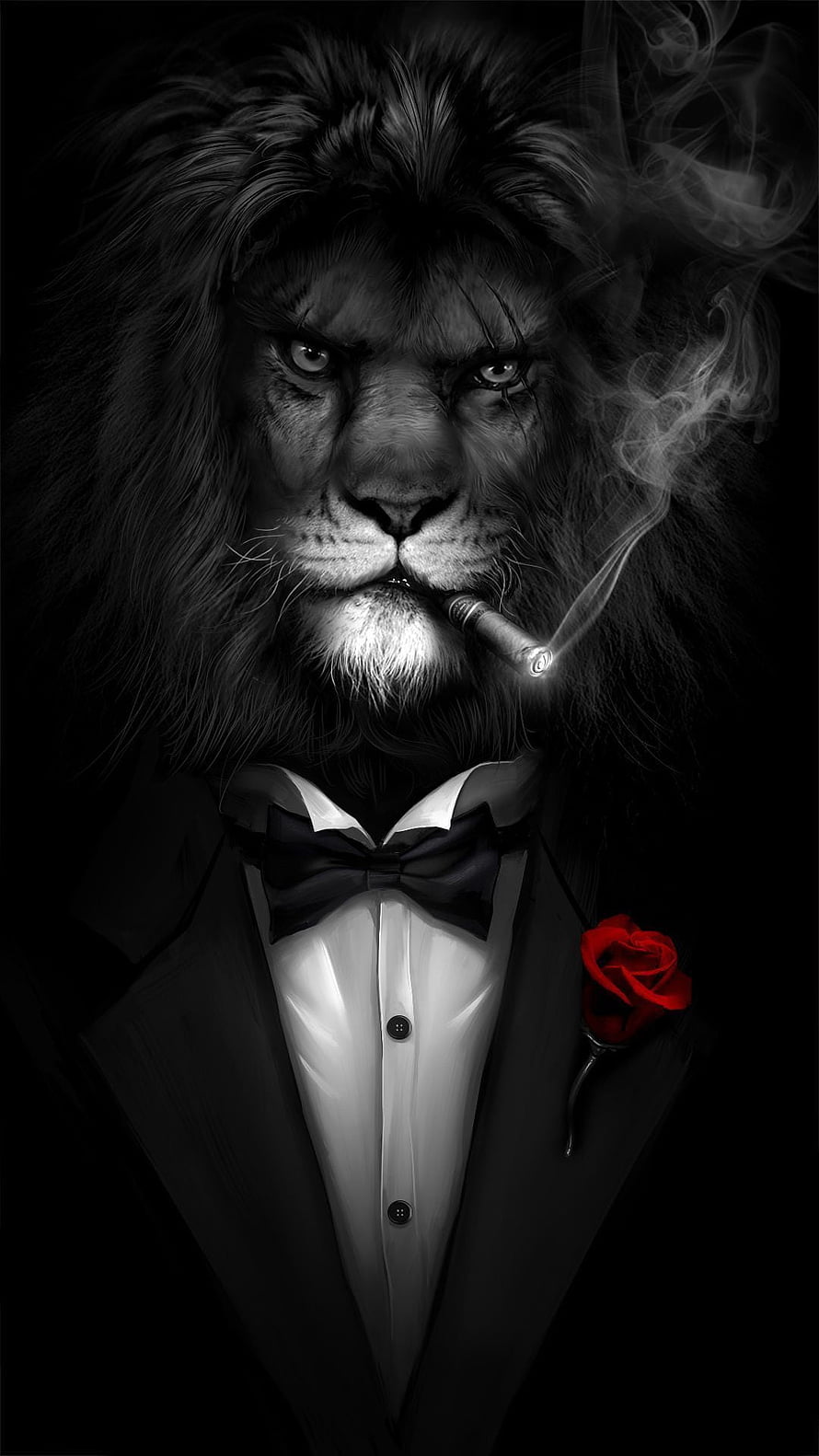 Elegant Lion in Tuxedo Smoking Cigar with Red Rose HD phone wallpaper