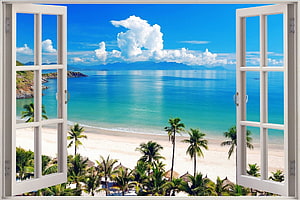 Tropical Beach Panorama Framed by Open White Window with Palm Trees and Turquoise Ocean HD wallpaper