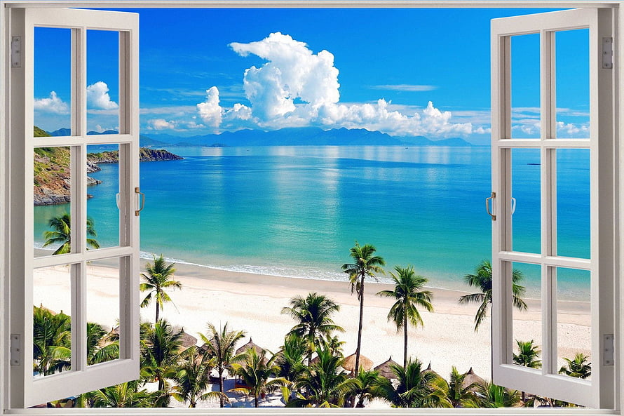 Tropical Beach Panorama Framed by Open White Window with Palm Trees and Turquoise Ocean HD wallpaper