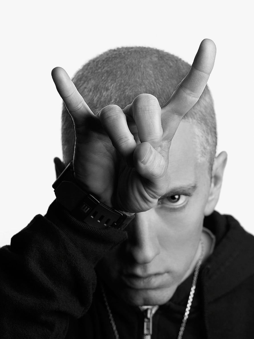 Eminem Black and White Portrait with Hand Gesture and Intense Stare HD phone wallpaper
